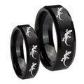 Multiple Lizard Beveled Edges Brush Black Tungsten His Hers Ring Set