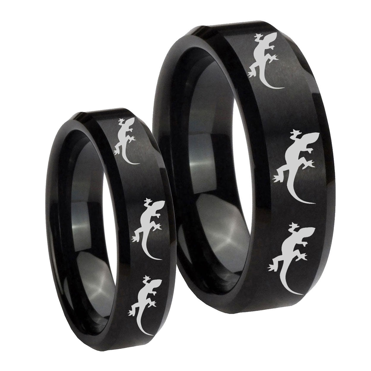 Multiple Lizard Beveled Edges Brush Black Tungsten His Hers Ring Set