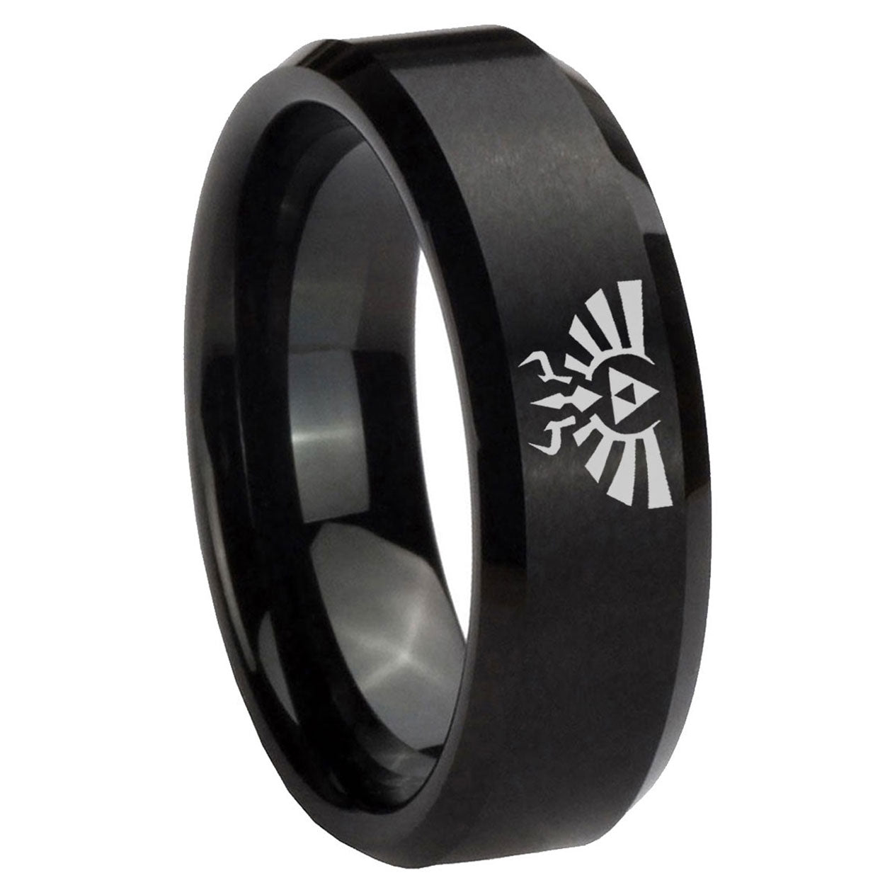 8MM Zelda Skyward Sword Beveled Brushed Black Tungsten Mens Ring