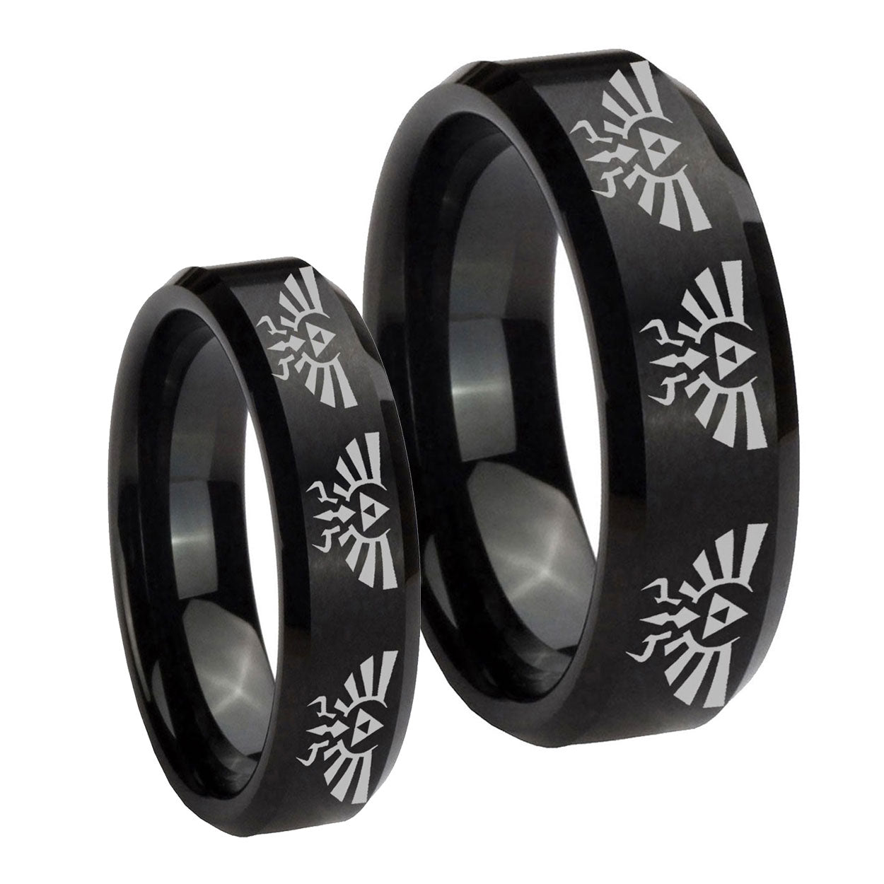 Multiple Zelda Skyward Sword Beveled Brush Black Tungsten Bridal Set Ring