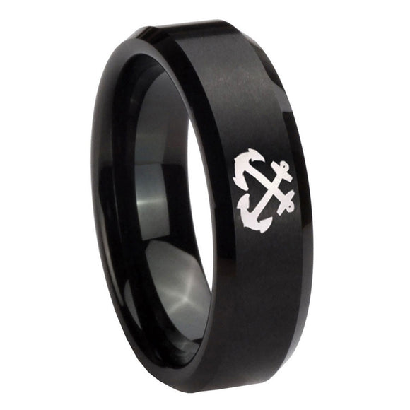 10mm-Anchor-Beveled-Edges-Brush-Black-Tungsten-Carbide-Men's-Bands-Ring