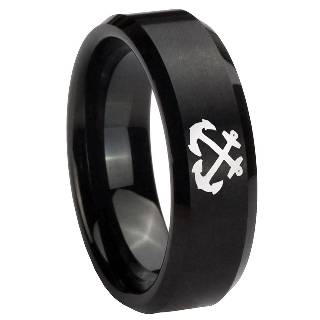 10mm Anchor Beveled Edges Brush Black Tungsten Carbide Men's Bands Ring