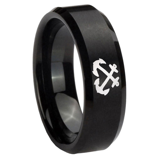 10mm Anchor Beveled Edges Brush Black Tungsten Carbide Men's Bands Ring