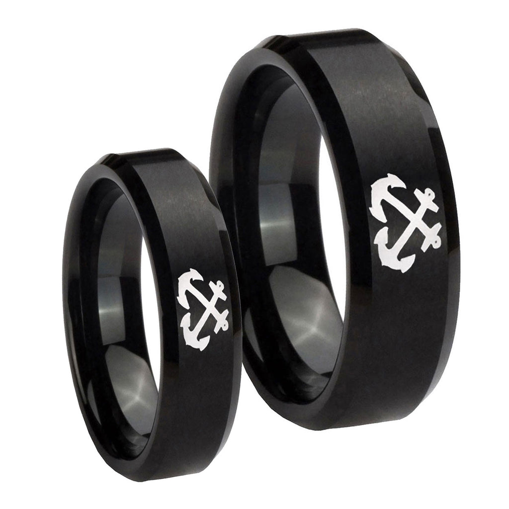 Anchor Beveled Edges Brush Black Tungsten Wedding Set Ring