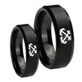 Anchor Beveled Edges Brush Black Tungsten Wedding Set Ring