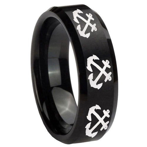 10mm Multiple Anchor Beveled Edges Brush Black Tungsten Mens Engagement Band