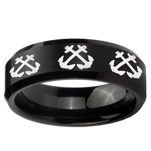 10mm Multiple Anchor Beveled Edge Brush Black Tungsten Ring