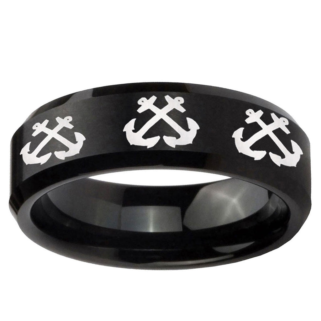 5MM Multiple Anchor Bevel Beveled Brushed Black Tungsten Ring Men