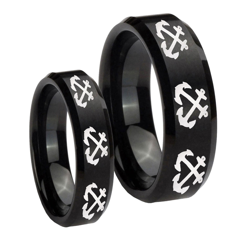 Multiple Anchor Beveled Edges Brush Black Tungsten Engagement Ring Set