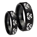 Multiple Anchor Beveled Edges Brush Black Tungsten Engagement Ring Set