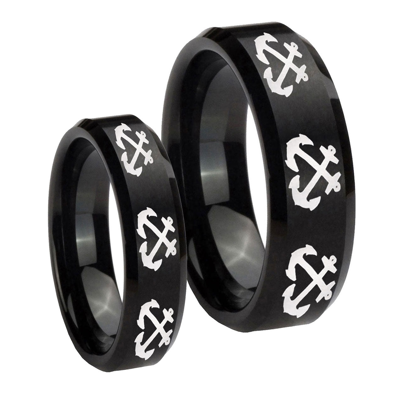 Multiple Anchor Beveled Edges Brush Black Tungsten Engagement Ring Set