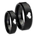 Heart Beveled Edges Brush Black Tungsten Engagement Ring Set