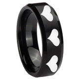 8mm Multiple Heart Beveled Edges Brush Black Tungsten Mens Ring Engraved