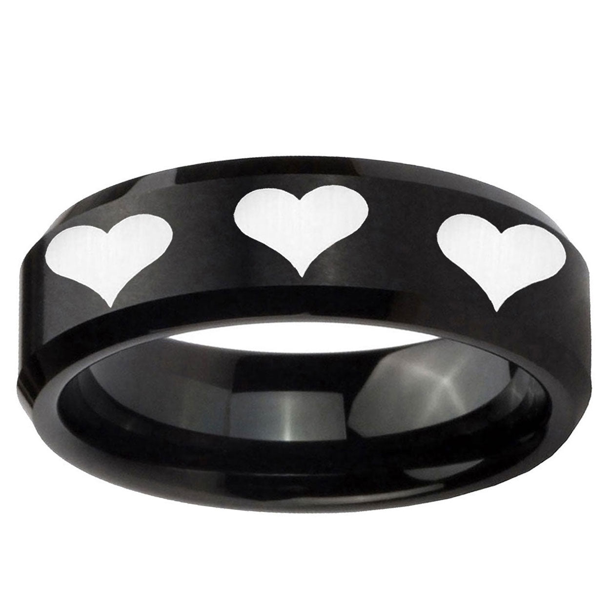 5MM Multiple Heart Beveled Brushed Black Tungsten Mens Ring