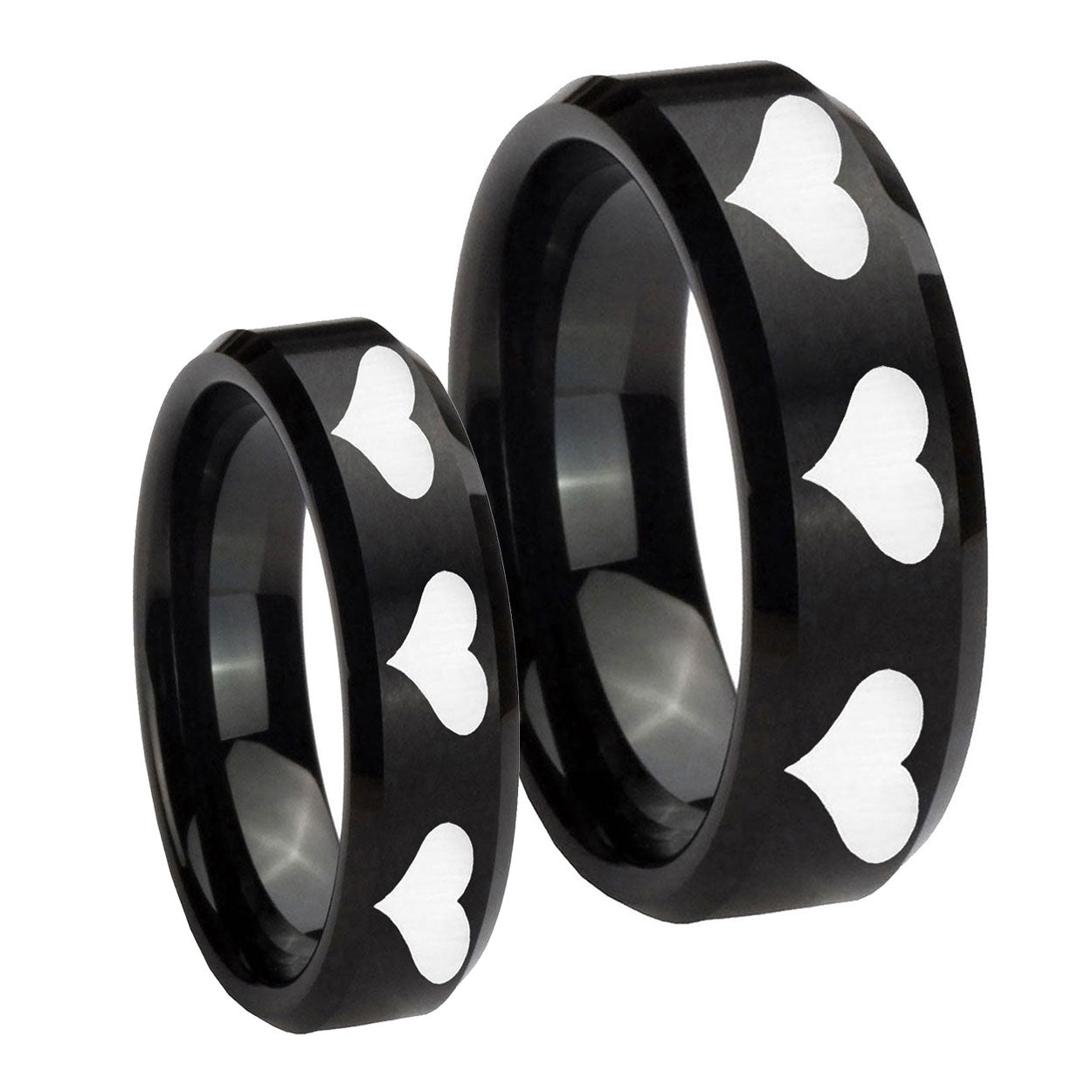 Multiple Heart Beveled Edges Brush Black Tungsten Bridal Set Ring