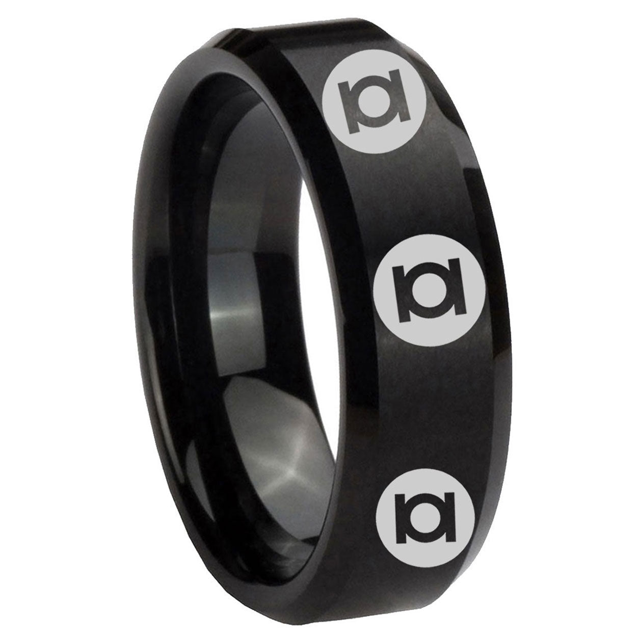 8MM Multiple Green Lantern Beveled Brushed Black Tungsten Ring For Man