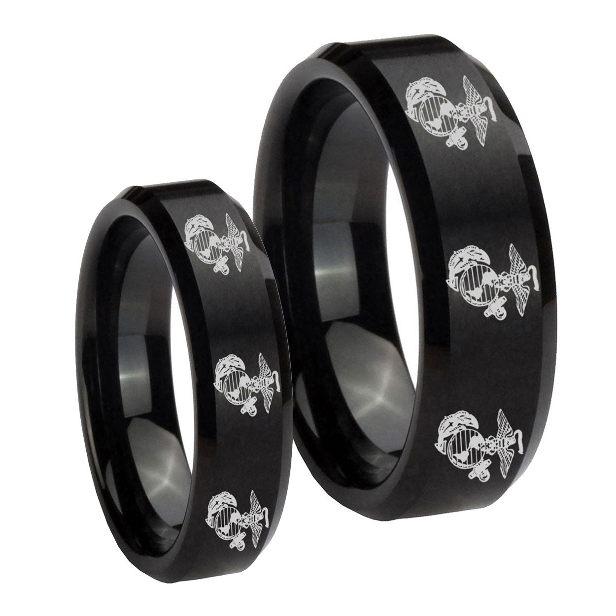 Multiple Marine Beveled Edges Brush Black Tungsten Mens Set Ring