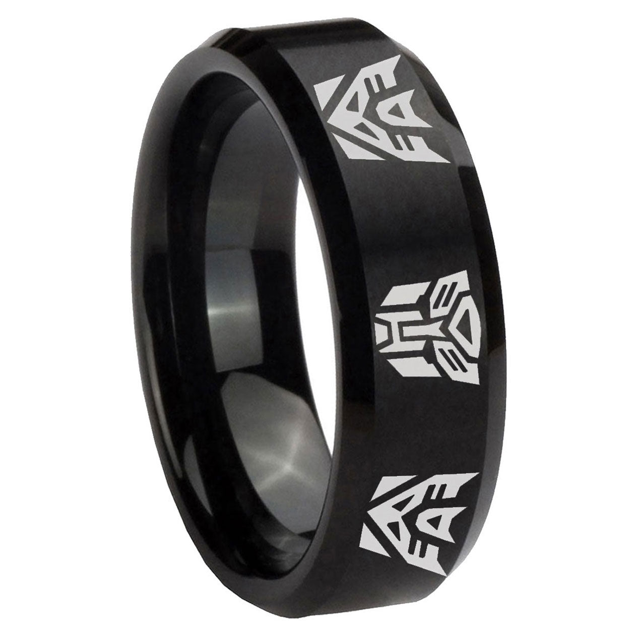 8MM Transformers Autobot Decepticon Beveled Brushed Black Tungsten Ring