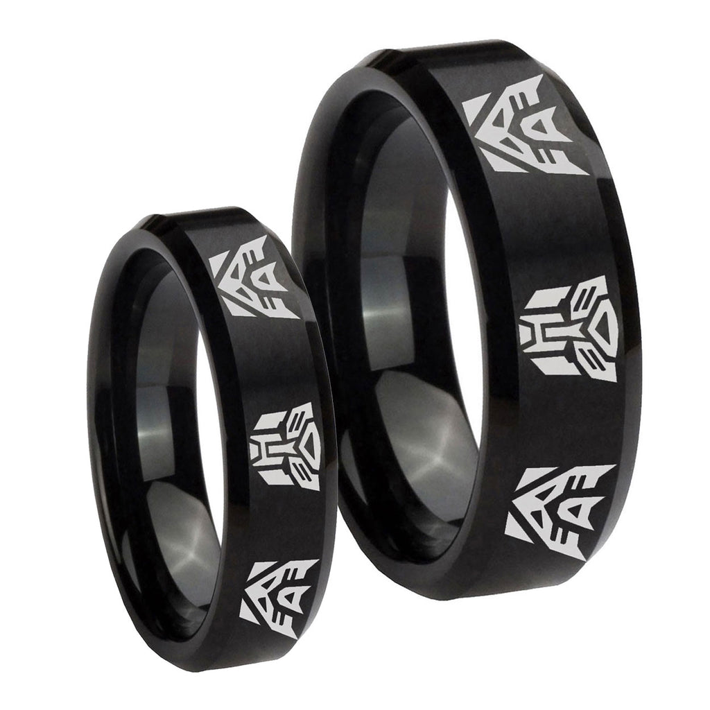 Transformers Autobot Decepticon Beveled Brush Black Tungsten His Hers Set Rings