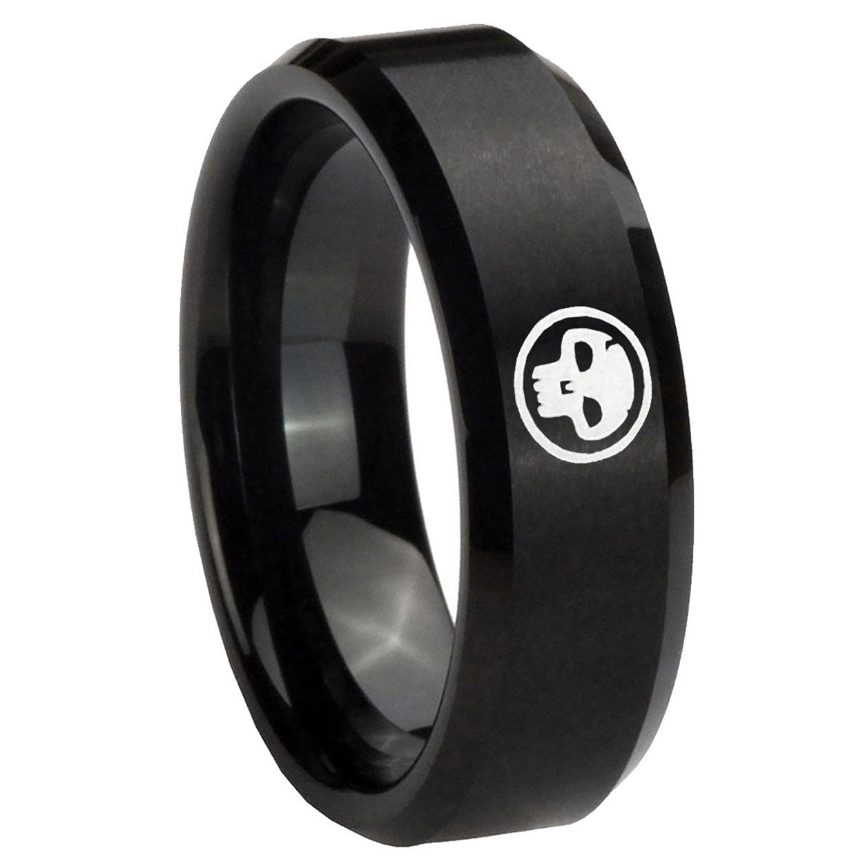 10mm Skull Beveled Edges Brush Black Tungsten Carbide Mens Engagement Ring