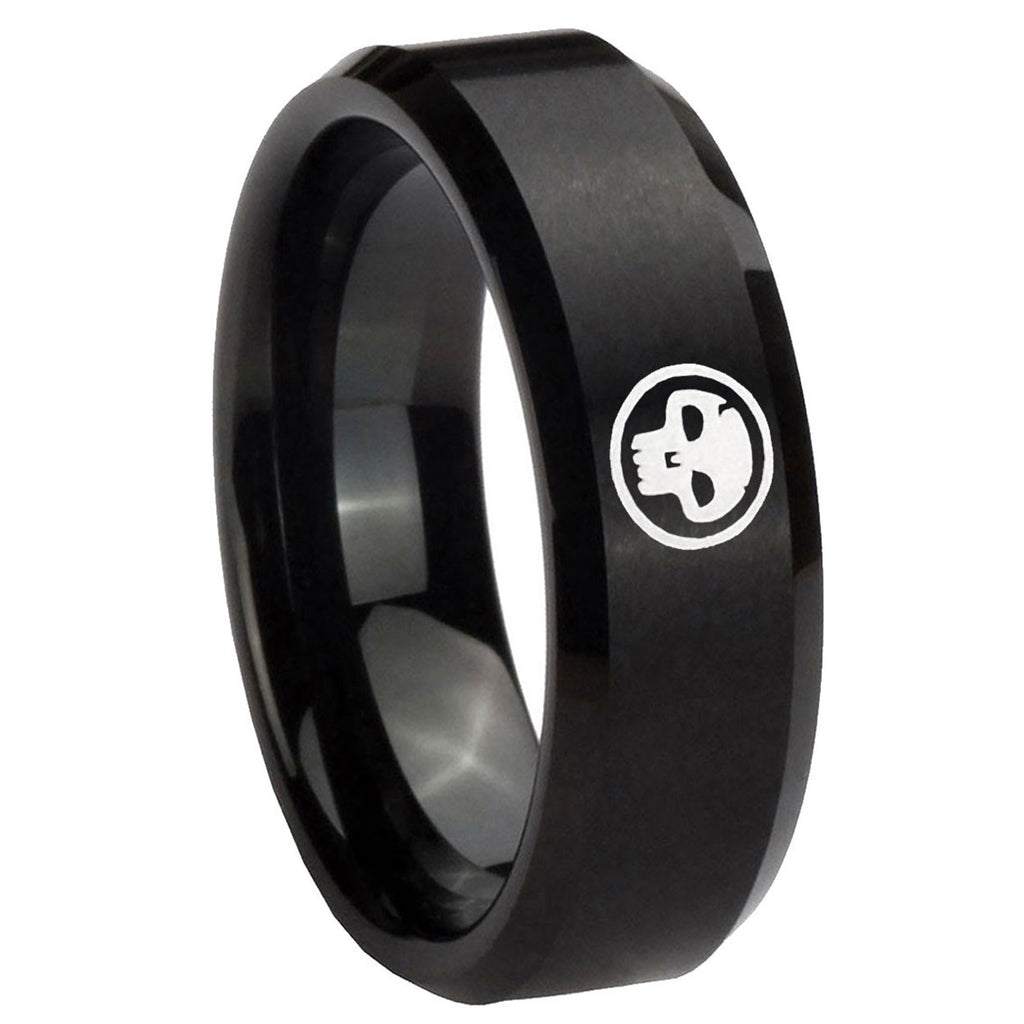8MM Skull Beveled Brushed Black Tungsten Man Wedding Band