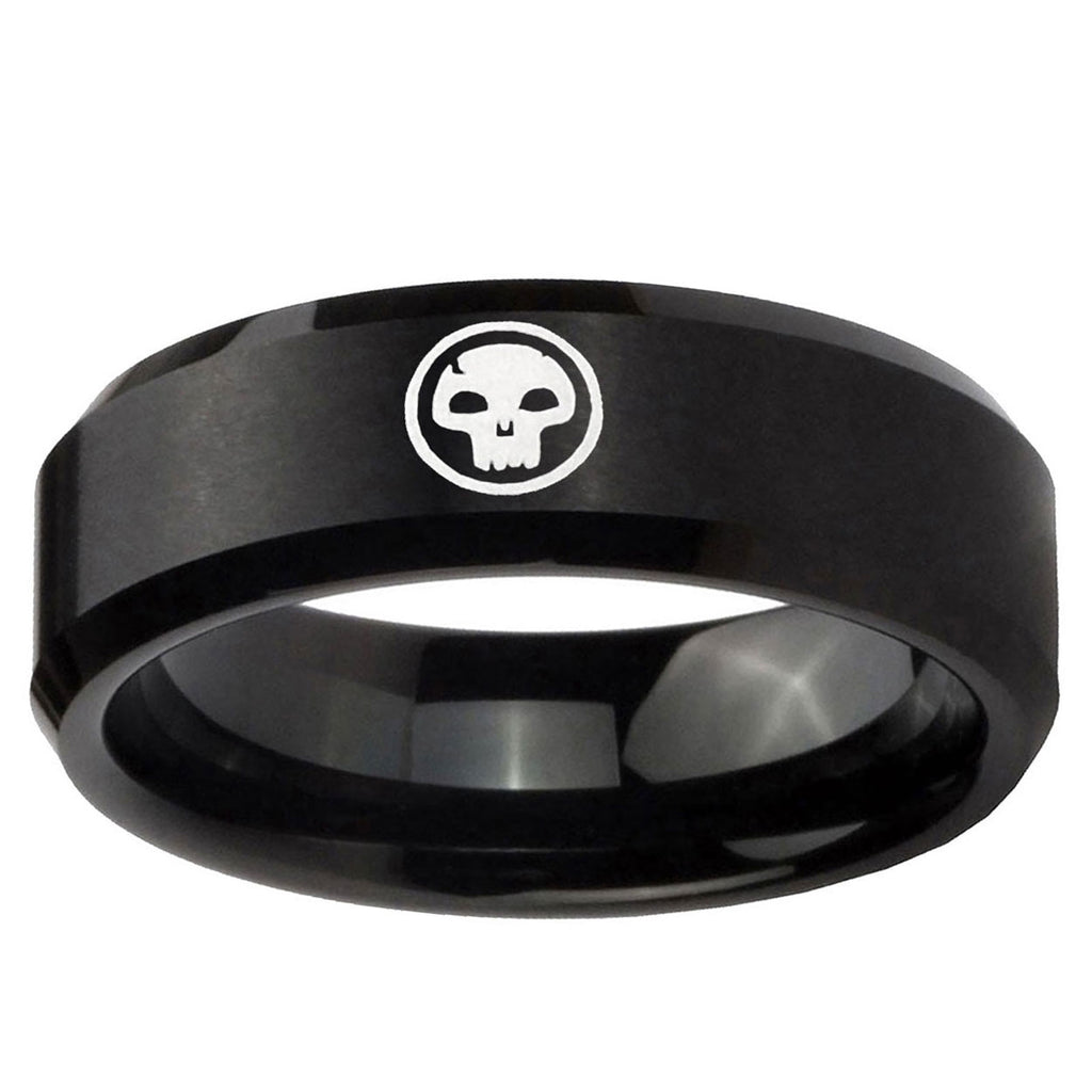 5MM Skull Beveled Brushed Black Tungsten Man Wedding Band