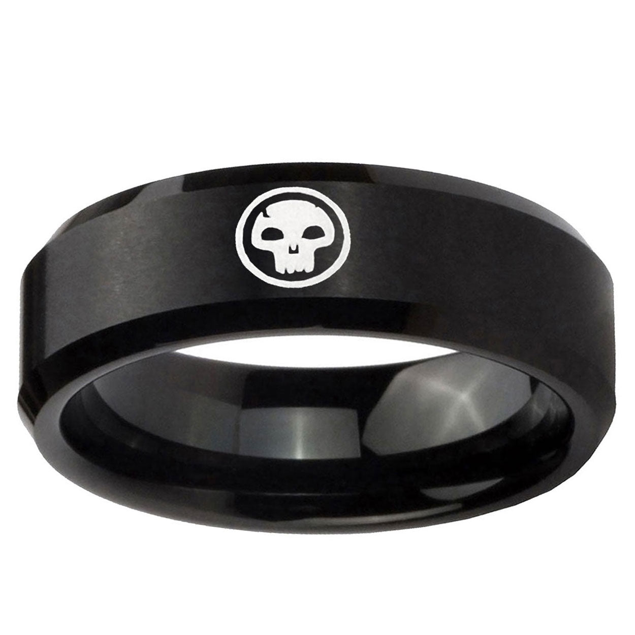 5MM Skull Beveled Brushed Black Tungsten Man Wedding Band