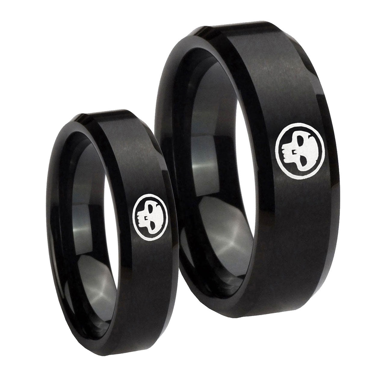 Skull Beveled Edges Brush Black Tungsten Bridal Set Ring