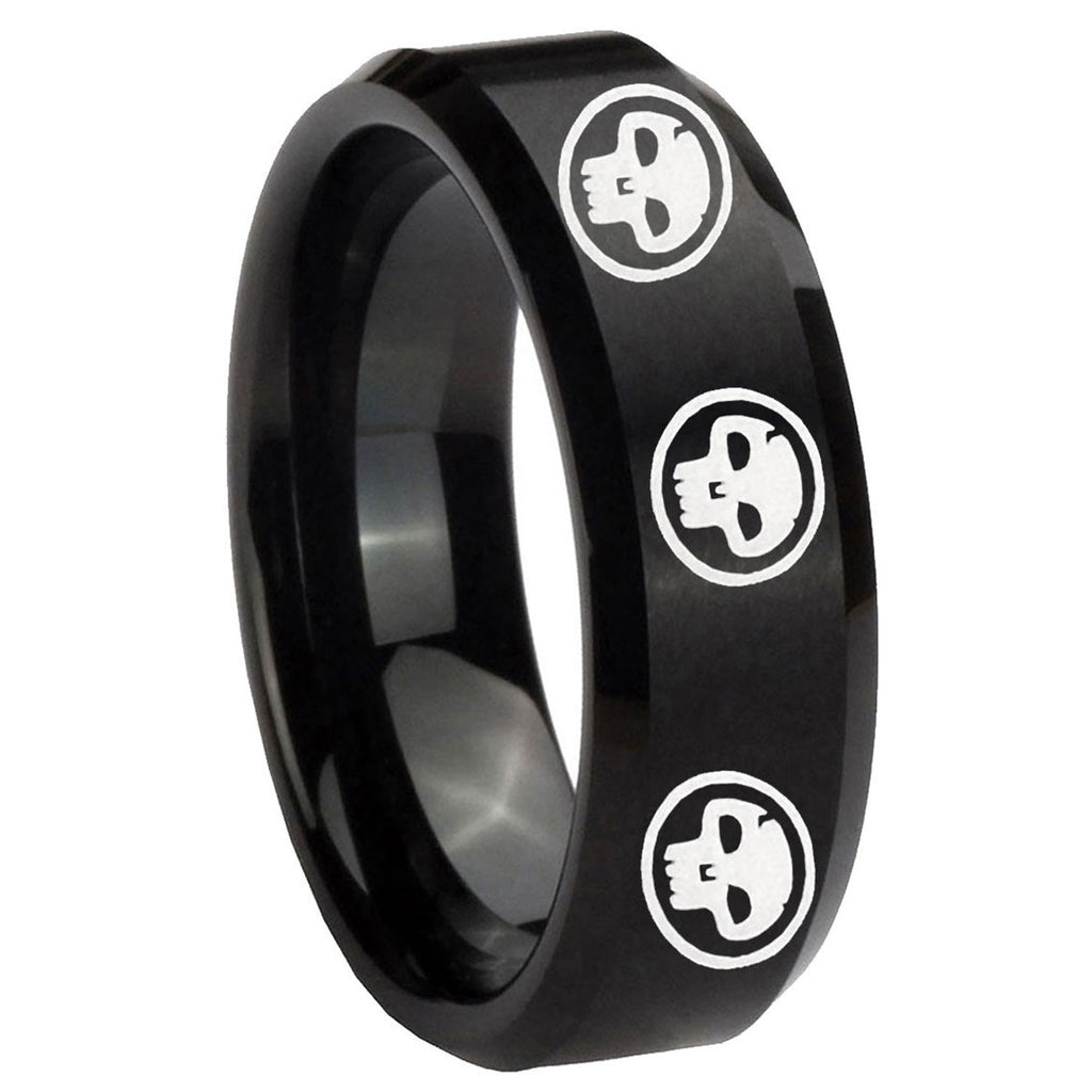 10mm Multiple Skull Beveled Edges Brush Black Tungsten Men's Engagement Ring
