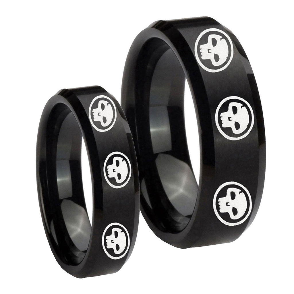 Multiple Skull Beveled Edges Brush Black Tungsten Wedding Band Set