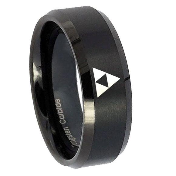 8mm-Zelda-Triforce-Beveled-Edges-Brush-Black-Tungsten-Carbide-Custom-Mens-Ring