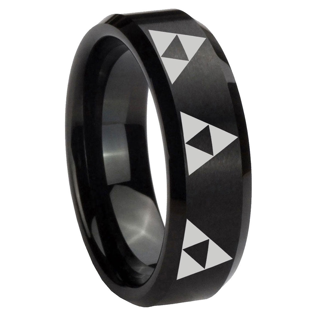 8MM Multiple Zelda Triforce Beveled Brushed Black Tungsten Ring