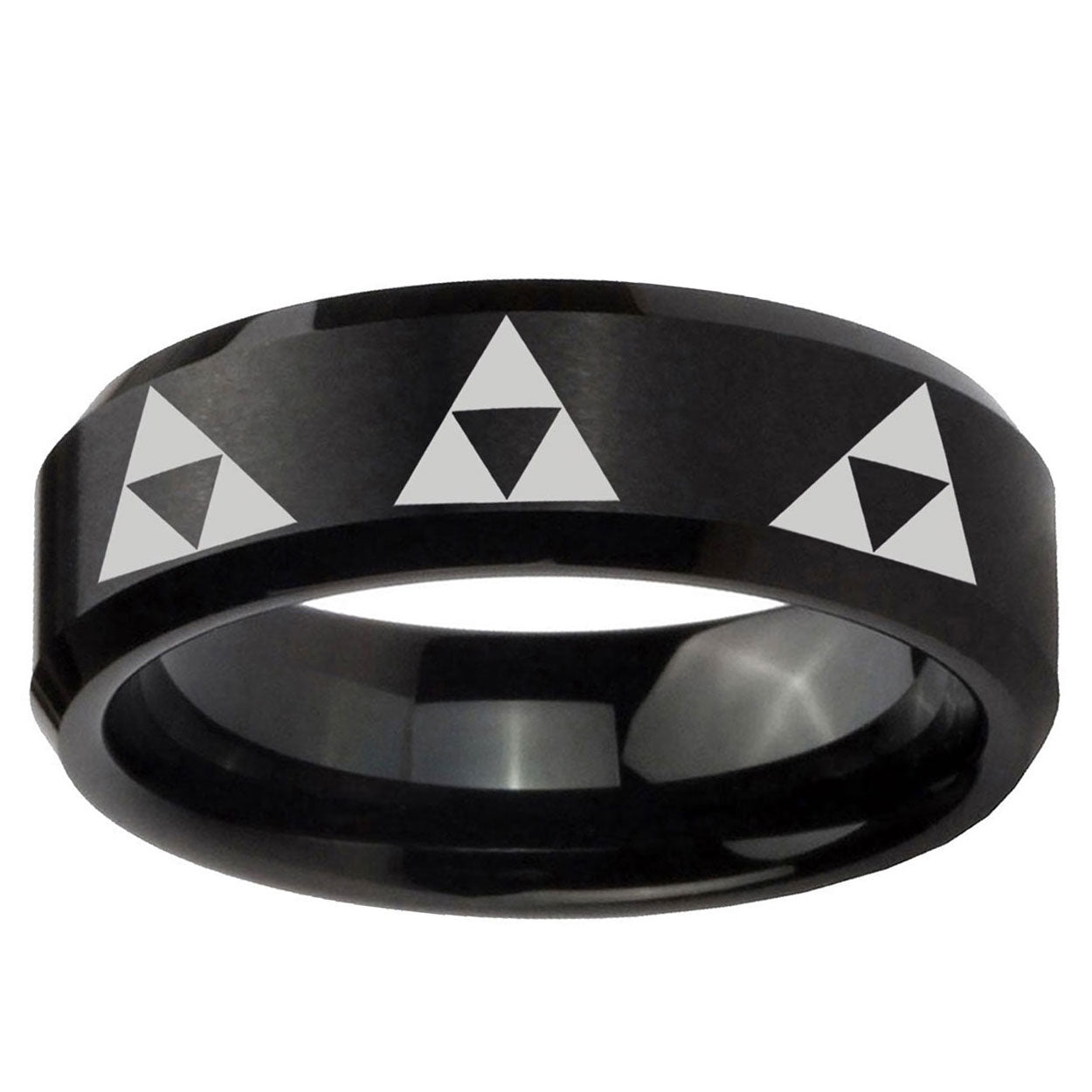 10mm Multiple Zelda Triforce Beveled Edge Brush Black Tungsten Ring
