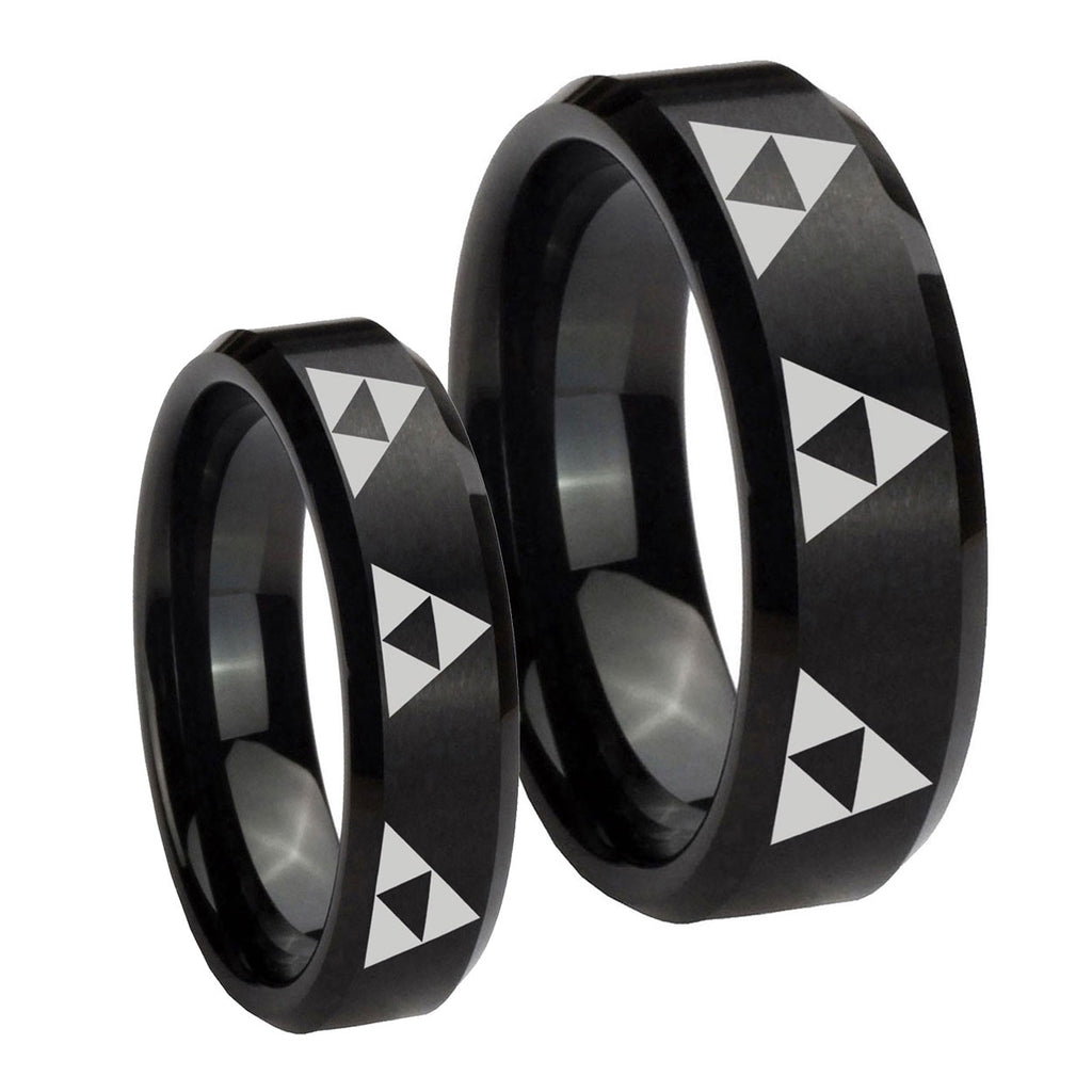 Multiple Zelda Triforce Beveled Brush Black Tungsten Mens Band Set