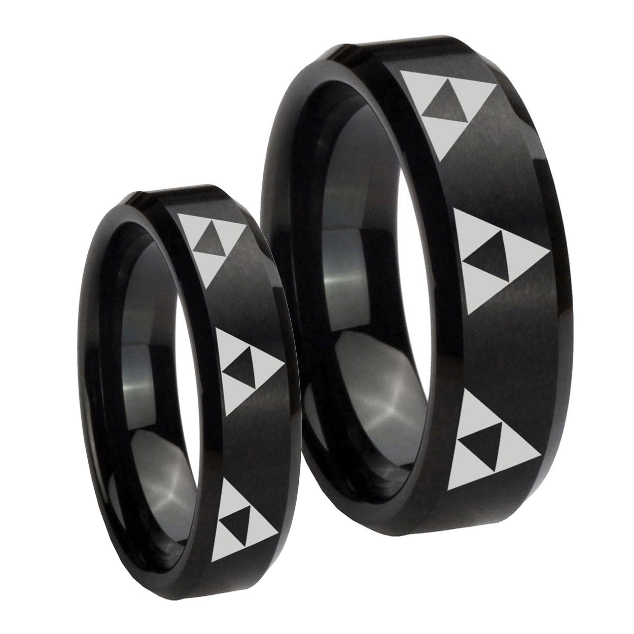 Multiple Zelda Triforce Beveled Brush Black Tungsten Mens Band Set