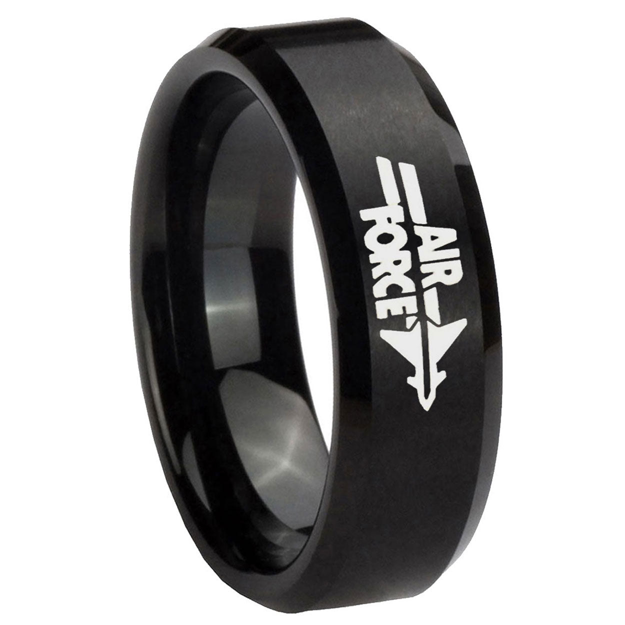 10mm Black Brush Beveled Edges Air Force Tungsten Carbide Men's Ring