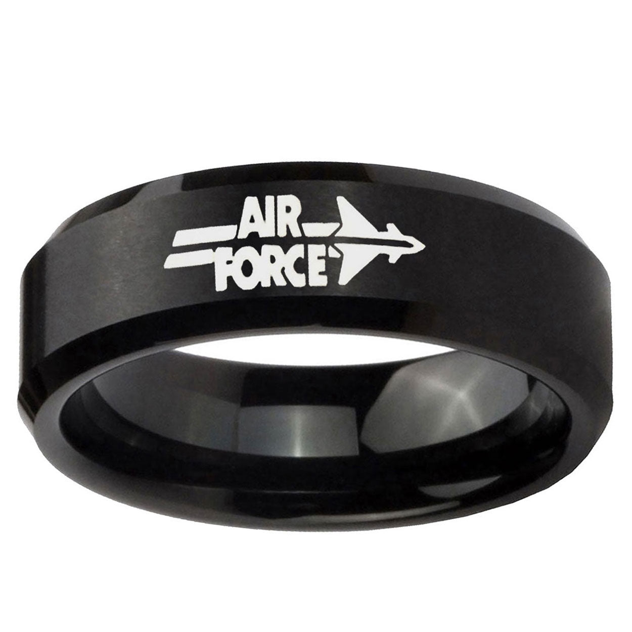 10mm Black Brush Beveled Edge Air Force Tungsten Ring