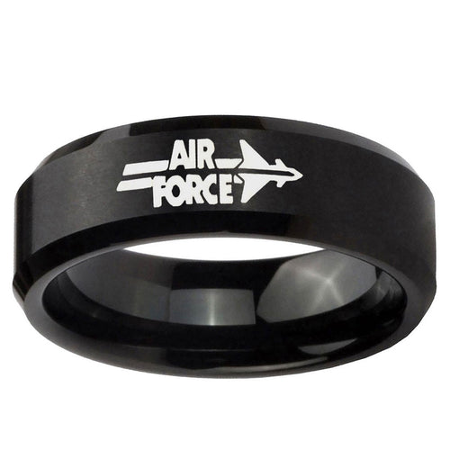 10mm Black Brush Beveled Edge Air Force Tungsten Ring