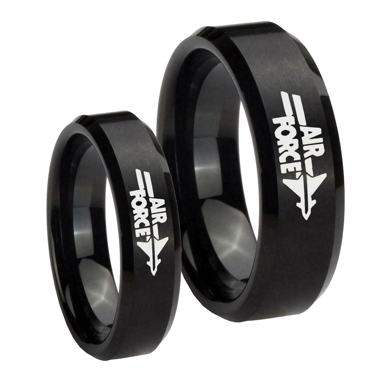 Black Brush Beveled Air Force Tungsten Couple Wedding Bands