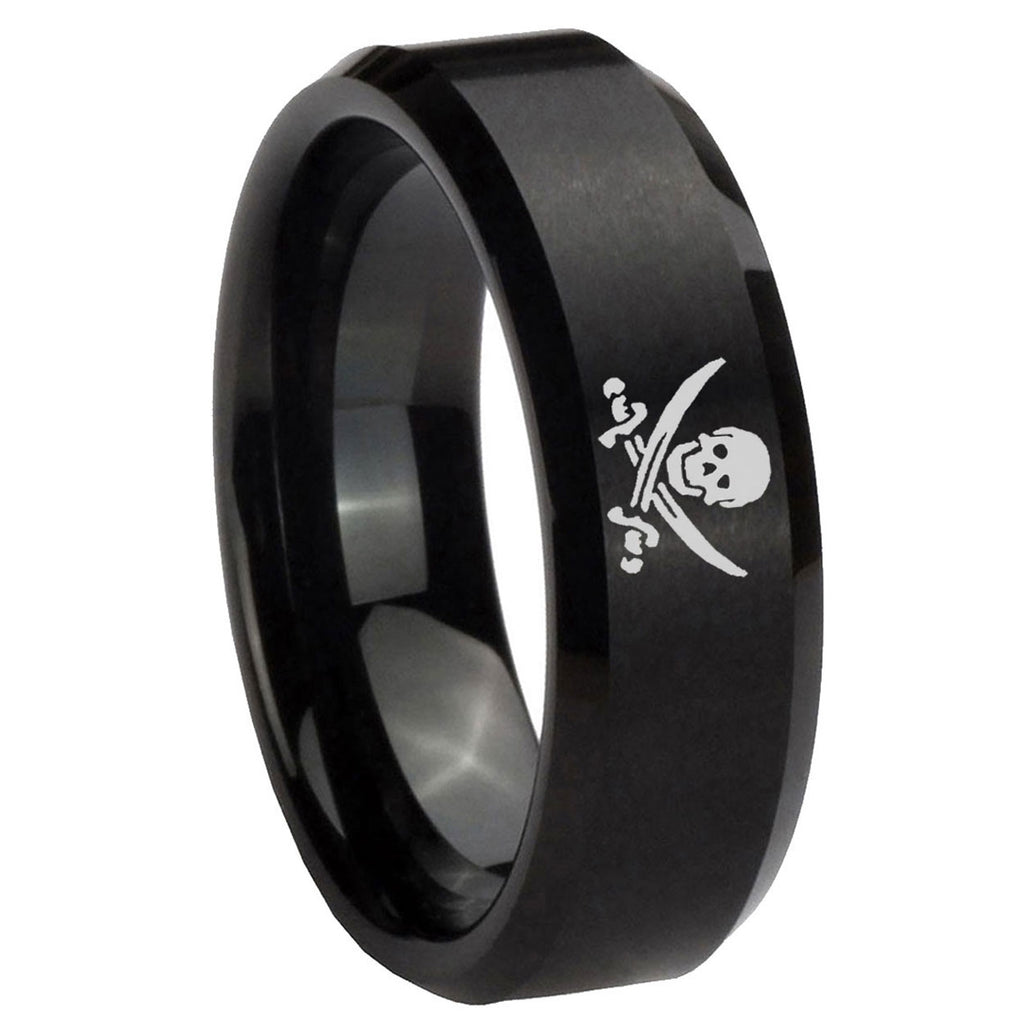 8MM Skull Pirate Beveled Brushed Black Tungsten Man Wedding Band