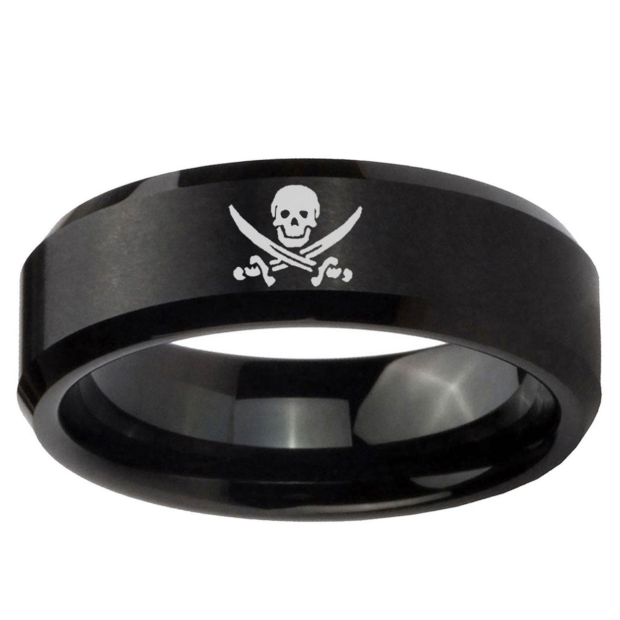 5MM Skull Pirate Beveled Brushed Black Tungsten Man Wedding Band