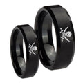 Skull Pirate Beveled Edges Brush Black Tungsten Couples Ring Set