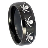 10mm-Multiple-Skull-Pirate-Beveled-Edges-Brush-Black-Tungsten-Engraved-Ring