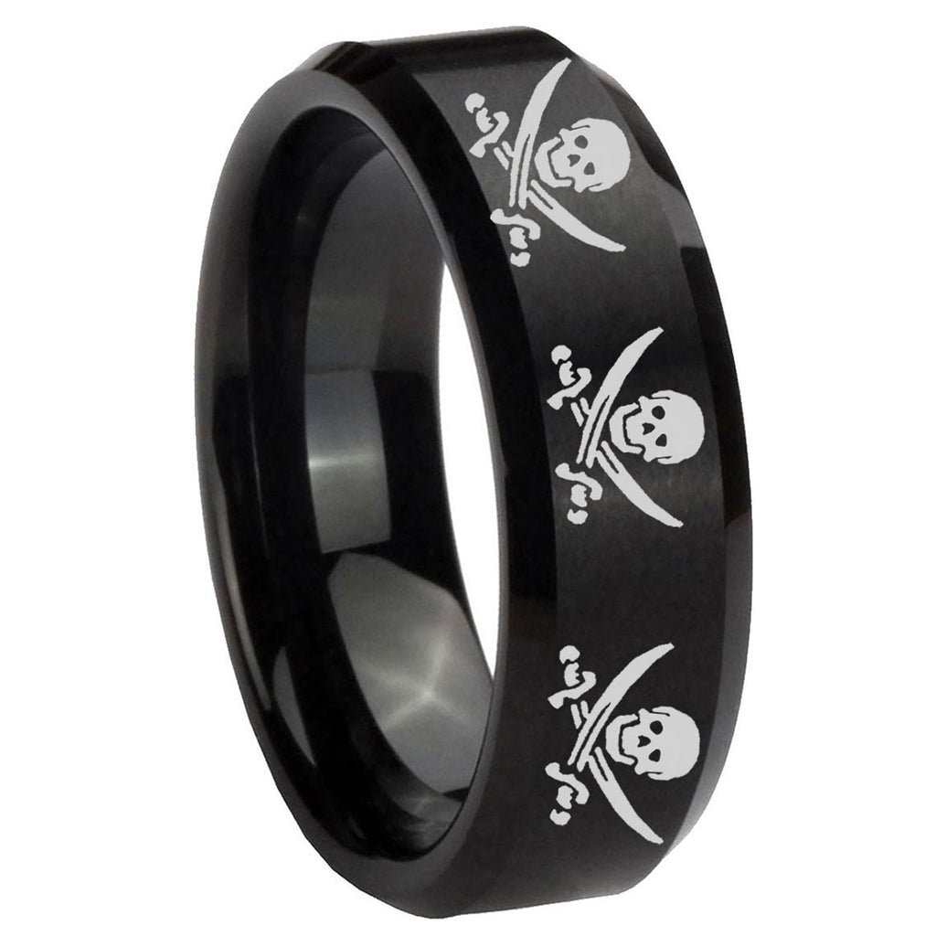 8MM Multiple Skull Pirate Beveled Brushed Black Tungsten Ring
