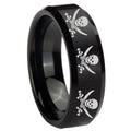 8MM Multiple Skull Pirate Beveled Brushed Black Tungsten Ring