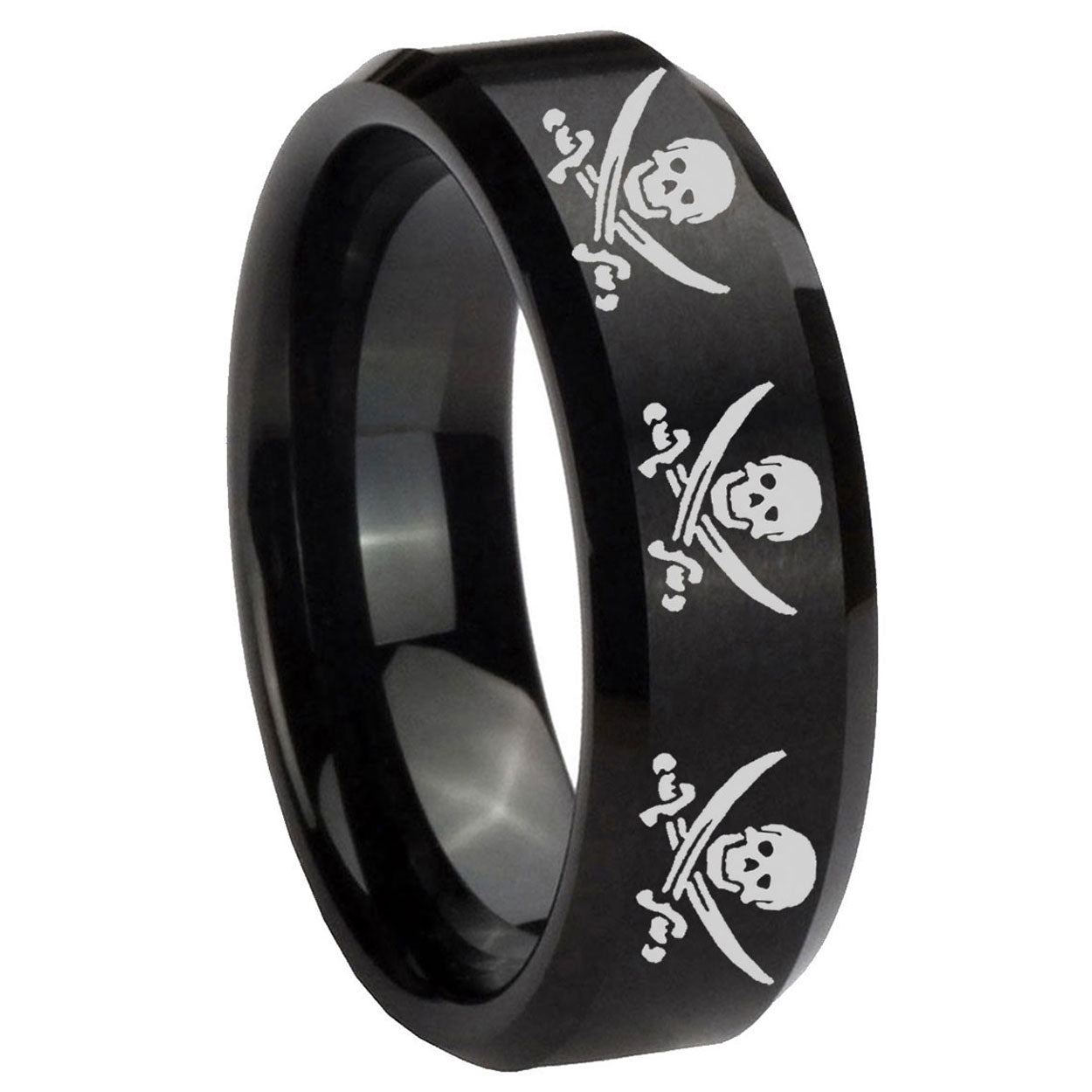 8MM Multiple Skull Pirate Beveled Brushed Black Tungsten Ring