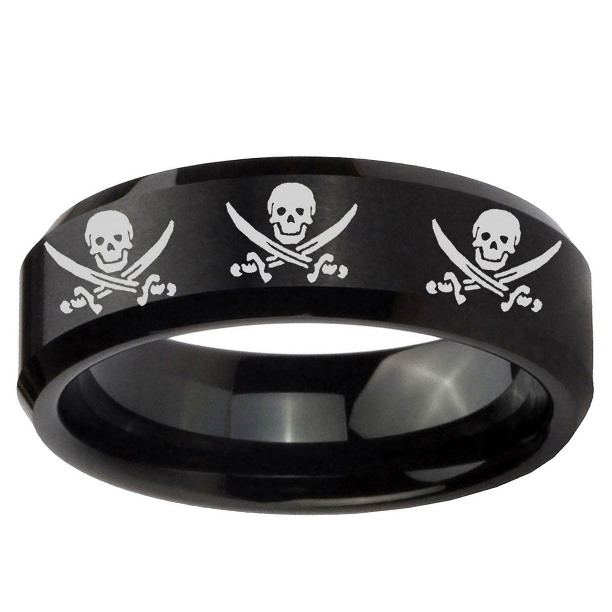 5MM Multiple Skull Pirate Beveled Brushed Black Tungsten Ring