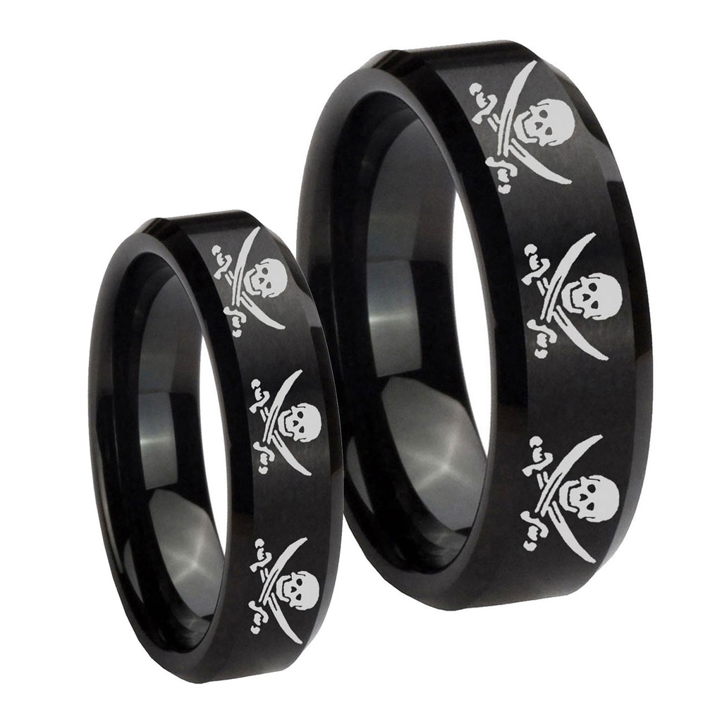 Multiple Skull Pirate Beveled Brush Black Tungsten Mens Set Rings