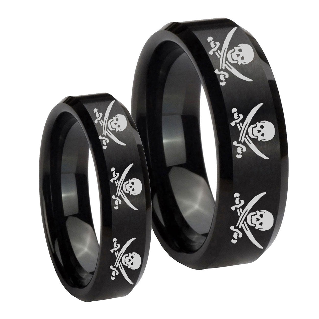 Multiple Skull Pirate Beveled Brush Black Tungsten Mens Set Rings