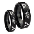 Legend of Zelda Beveled Edges Brush Black Tungsten Bridal Set Ring